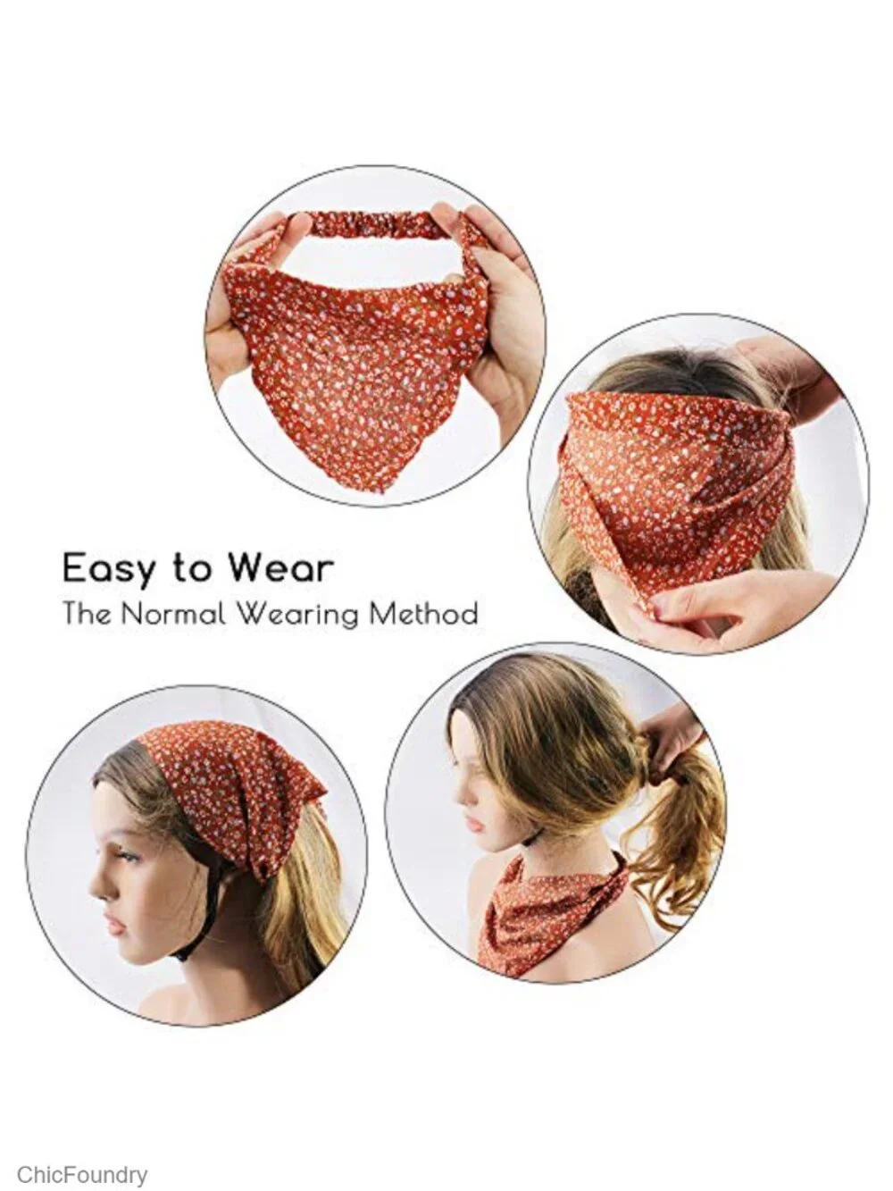 5pc Floral Chiffon Hair Scarf Headband Wrap Pre-tied Boho Bandana for Women